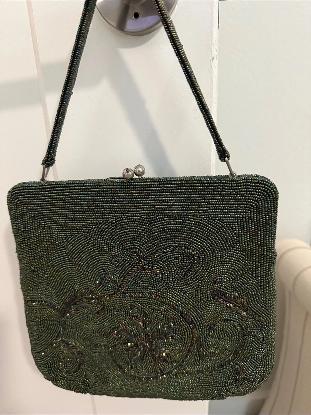Beaded Antique Evening Handbag in Iridescent Dark Green Beads, etc All Perfect.